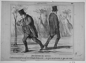 Physionomies de bourse. L'enfoncement du baissier et le triomphe du haussier, - ou gens qui pleurent et gens qui rient.