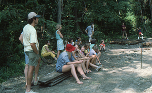 Kids watching the barn raising from the sidelines at the Moon Barn Raising at entrance to Hopkins Forest on 2 August 1975.