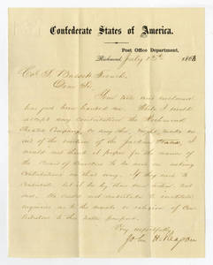 Letter by John H. Reagan, Richmond, to Col. S. Bassett French concerning proposed statue of "Stonewall" Jackson