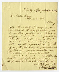 Letter by James Sims, Holly Springs, Miss., to Ziba Oakes