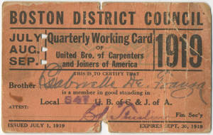 United Brotherhood of Carpenters and Joiners of America quarterly working card for Gabrielle De Franza