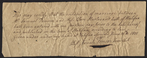 Marriage Intention of Samuel Tomson and Clare Sturtevant, 1801