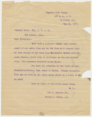 Letter from Capital City Lodge, No. 107, to Jephtha Lodge, No. 11, 1917 May 18