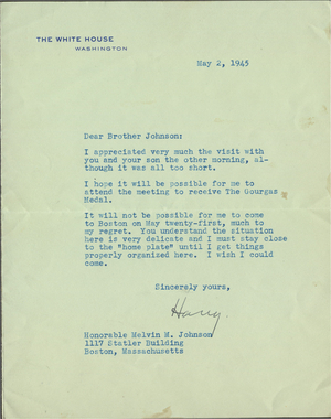 Letter from President Harry S. Truman to Melvin M. Johnson, 1945 May 2