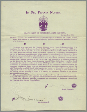 Letter from Sovereign Grand Commander Albert Pike regarding the expulsion of Frederick Widdows, 1883 October 31