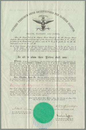 Supreme Council expulsion certificate for Edward A. Raymond and Simon W. Robinson, 1862 May 22
