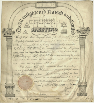 Royal Arch certificate issued to Nathaniel H. Olstead, 1827 February