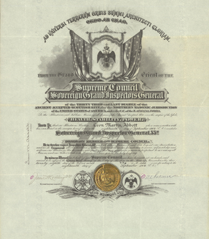 Honorary 33° member certificate issued to Leon Martin Abbott, 1906 September 18,