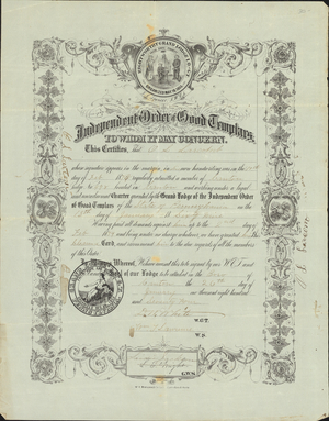 Membership certificate issued by Canton Lodge, No. 498, to O. L. Larcomb, 1878 February 10