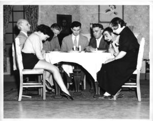Actors onstage for a Suffolk University Drama Club production, 1953