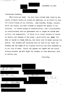 Letter from South Boston residents to John Joseph Moakley regarding busing, 31 [sic] September 1974