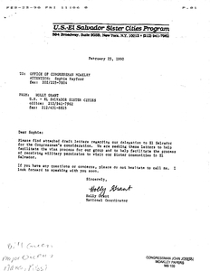 Memorandum to the Office of Congressman John Joseph Moakley (attention: Sophie Hayford), from Holly Grant, National Coordinator, U.S.-El Salvador Sister Cities, 23 February 1990