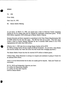 Memorandum from Kelly Timilty to John Joseph Moakley about a Boston Harbor Meeting, 24 June 1992