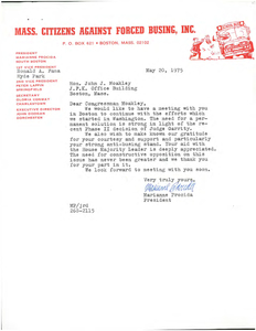 Correspondence between John Joseph Moakley and Marianne Procida, President of Mass. Citizens Against Forced Busing, Inc., 20-22 May 1975