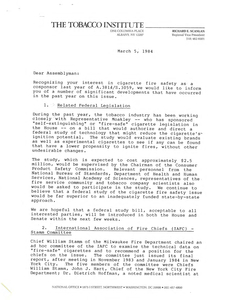 Letter from Richard Scanlan of the Tobacco Institute to New York Assembly Member Pete Grannis regarding their stance on fire-safe cigarette legislation, 3/5/1984