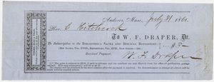 Edward Hitchcock receipt of payment to Warren F. Draper, 1861 July 31