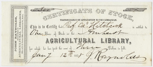 Edward Hitchcock stock certificate of the Amherst Agricultural Library