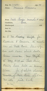 Tewksbury Almshouse Intake Record: Benson, Minnie