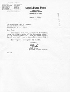 Letter to Paul E. Tsongas from John Glenn thanking him for the copy of the UUSC 1984 Calendar.