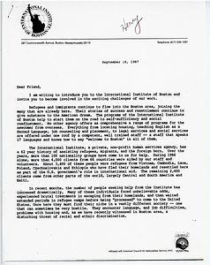 Promotional letter from the International Institute of Boston to the Mayor's Office