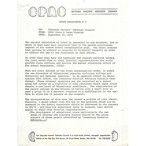 Citywide Parents' Advisory Council memo for parent role identification, September 22, 1975.