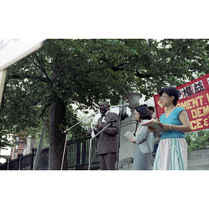 Speakers at a garment workers demonstration