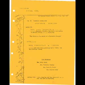 Flier advertising Freedom House Coffee Hour Luncheon featuring Mrs. Saul Bernstein, Executive Director of the Big Sister Association of Greater Boston