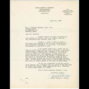 Reply from Rabbi Joseph S. Shubow to Otto Phillip Snowden about the Marri-eds