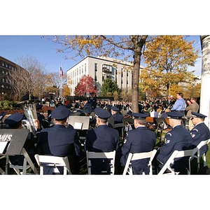 The Veterans Memorial dedication ceremony from behind the Air National Guard Band of the Northeast