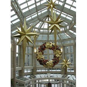 Christmas wreath hanging inside of the Prudential Center