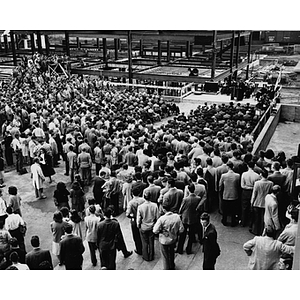 Audience at the cornerstone laying exercises for the Ell Student Center building