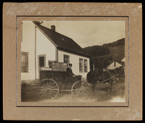 Peddler in his wagon, location unknown, ca. 1900