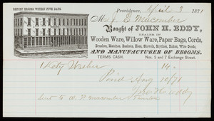 Billhead for John H. Eddy, dealer in wooden ware, willow ware, paper bags, cords, Nos.5 and 7 Exchange Street, Providence, Rhode Island, dated April 3, 1871