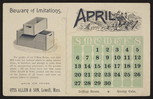 Trade card for Otis Allen & Son, filling boxes, Lowell, Mass., April 1890