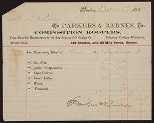 Billhead for Parkers & Barnes, Dr., composition roofers, 142 Charles Street and 22 Milk Street, Boston, Mass., dated October 23, 1883