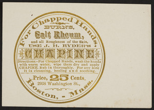 Trade card for J.H. Ryder's Chapine, 2938 Washington Street, Boston, Mass., undated