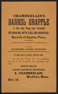 Handbill for Chamberlain's Barrel Grapple, equipment, E. Chamberlain, Box 32, Medfield, Mass., undated