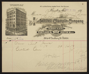 Billhead for The Twitchell-Champlin Company, importers, manufacturers and wholesale grocers, Portland, Maine and 39 to 47 Sudbury Street, Boston, Mass., dated May 13, 1895