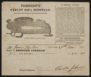 Billhead for Chester Johnson, Johnson's Patent Sofa Bed, 188 Grand Street, New York, New York, dated November 29, 1833
