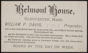 Trade card for the Belmont House, Gloucester, Mass., undated