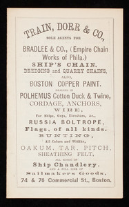 Price list for Train, Dorr & Co., sole agents for Bradlee & Co., ship chandlery and a full line of sailmakers goods, 74 & 76 Commercial Street, Boston, Mass.