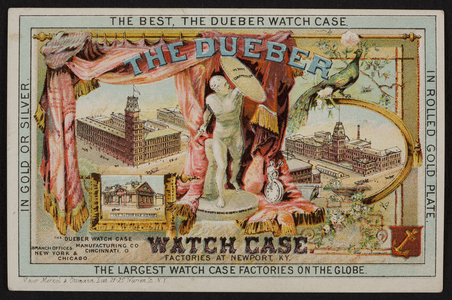 Trade card for Dueber Watch Case, T. Dunlap, dealer in watches, clocks and jewelry, 959 Elm Street, Manchester, New Hampshire, undated