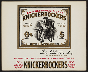 Trade card for Lewis Osterweis & Sons, knickerbockers, New Haven, Connecticut, undated
