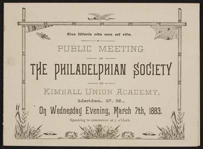 Program for the public meeting of The Philadelphian Society of Kimball Union Academy, Meriden, New Hampshire, Wednesday, March 7, 1883
