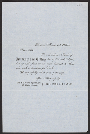 Handbill for Gardner & Thayer, hardware and cutlery, No. 8 Liberty Square and 87 Water Street, Boston, Mass., March 1, 1858