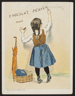 Trade card for Chocolat Menier, Paris, Noisiel, London, American Branch Menier, 86, 88, West Broadway, New York, New York, undated