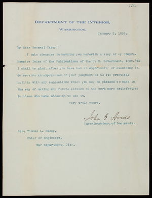 John G. Ames/Department of the Interior to Thomas Lincoln Casey, January 2, 1895