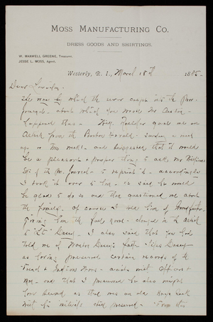 W. Maxwell Greene to Thomas Lincoln Casey, March 18, 1885