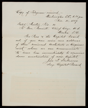 John Dickinson to General Bennett, November 10, 1887, copy