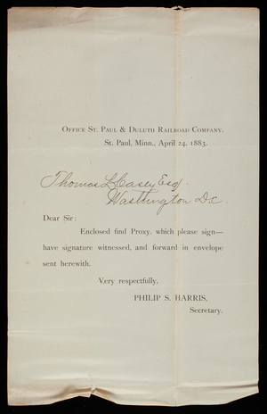 Philip S. Harris to Thomas Lincoln Casey, April 24, 1883